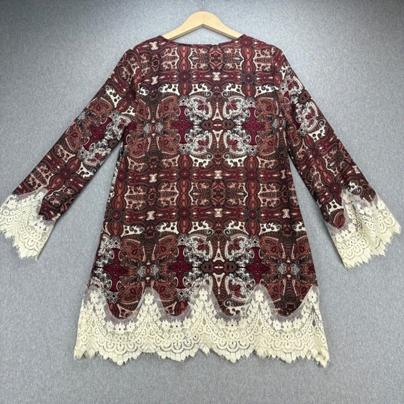 Blu Pepper Dress Womens M Burgundy Cream BOHO Vintage Lace Trim Bell Long Sleeve - Picture 3 of 14